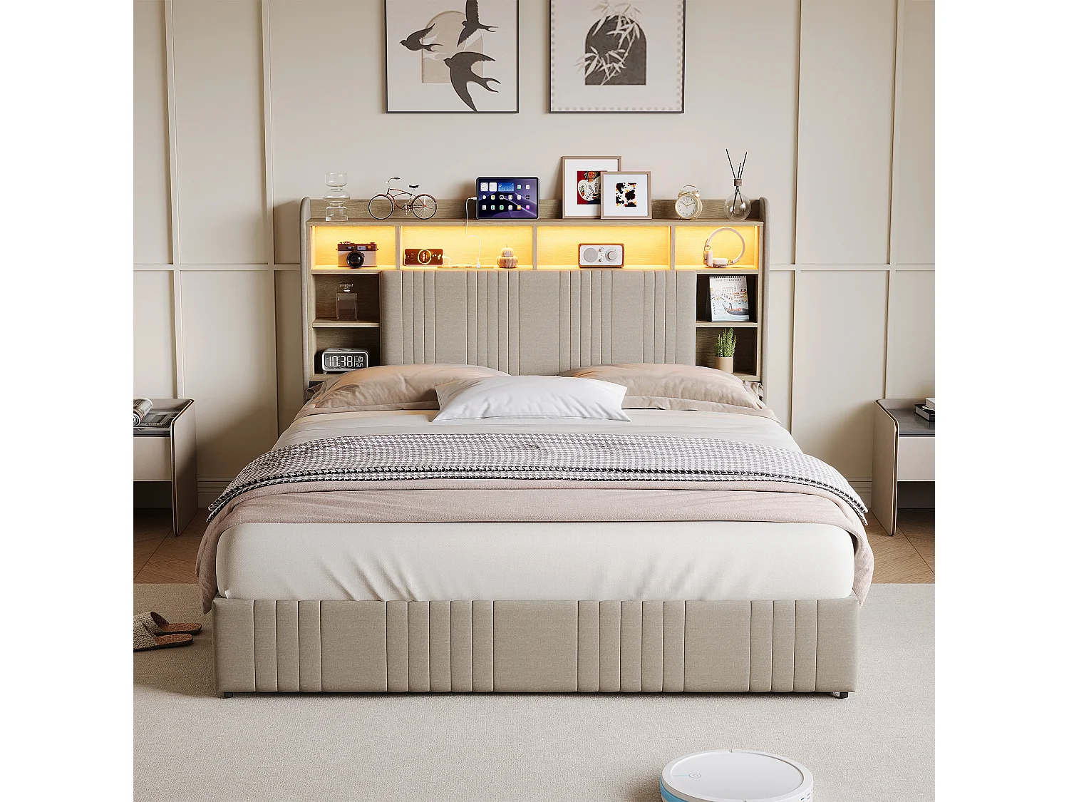 Cama tapizada de 160 x 200 cm con iluminación LED y puertos USB, cama doble con 4 cajones, cabecero con espacio de almacenamiento, lino, color beige.