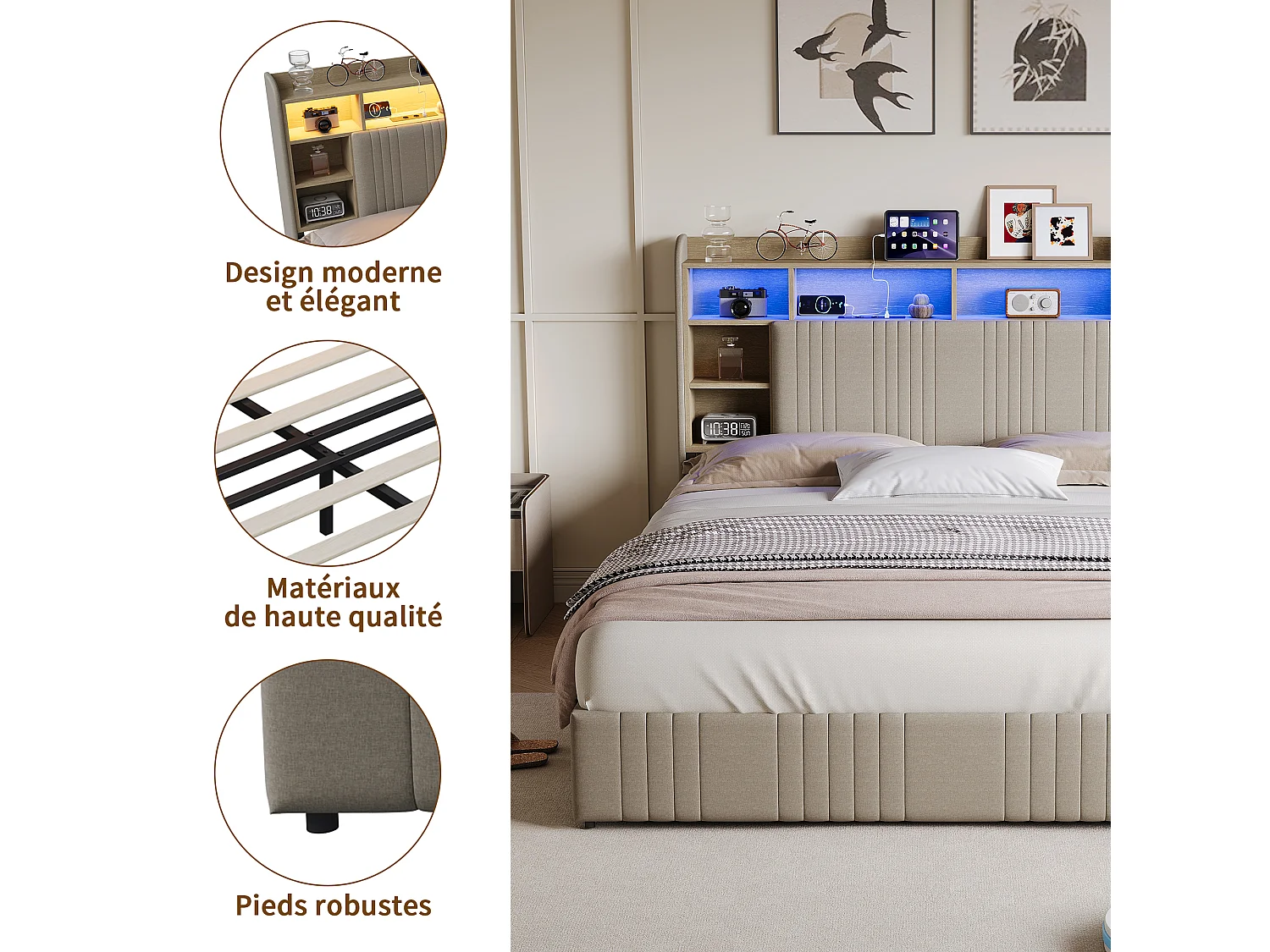 Cama tapizada de 160 x 200 cm con iluminación LED y puertos USB, cama doble con 4 cajones, cabecero con espacio de almacenamiento, lino, color beige.