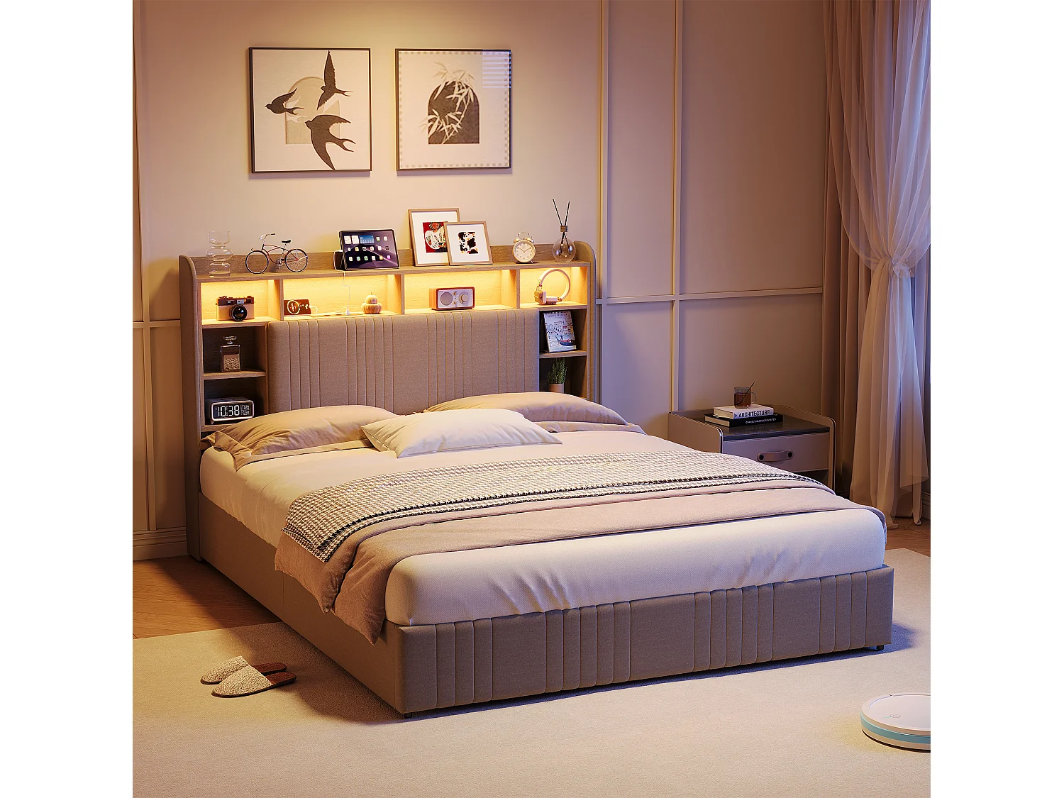 Cama tapizada de 160 x 200 cm con iluminación LED y puertos USB, cama doble con 4 cajones, cabecero con espacio de almacenamiento, lino, color beige.