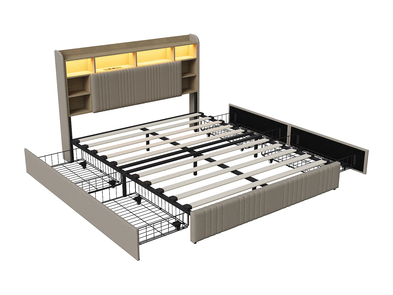 Cama tapizada de 160 x 200 cm con iluminación LED y puertos USB, cama doble con 4 cajones, cabecero con espacio de almacenamiento, lino, color beige.
