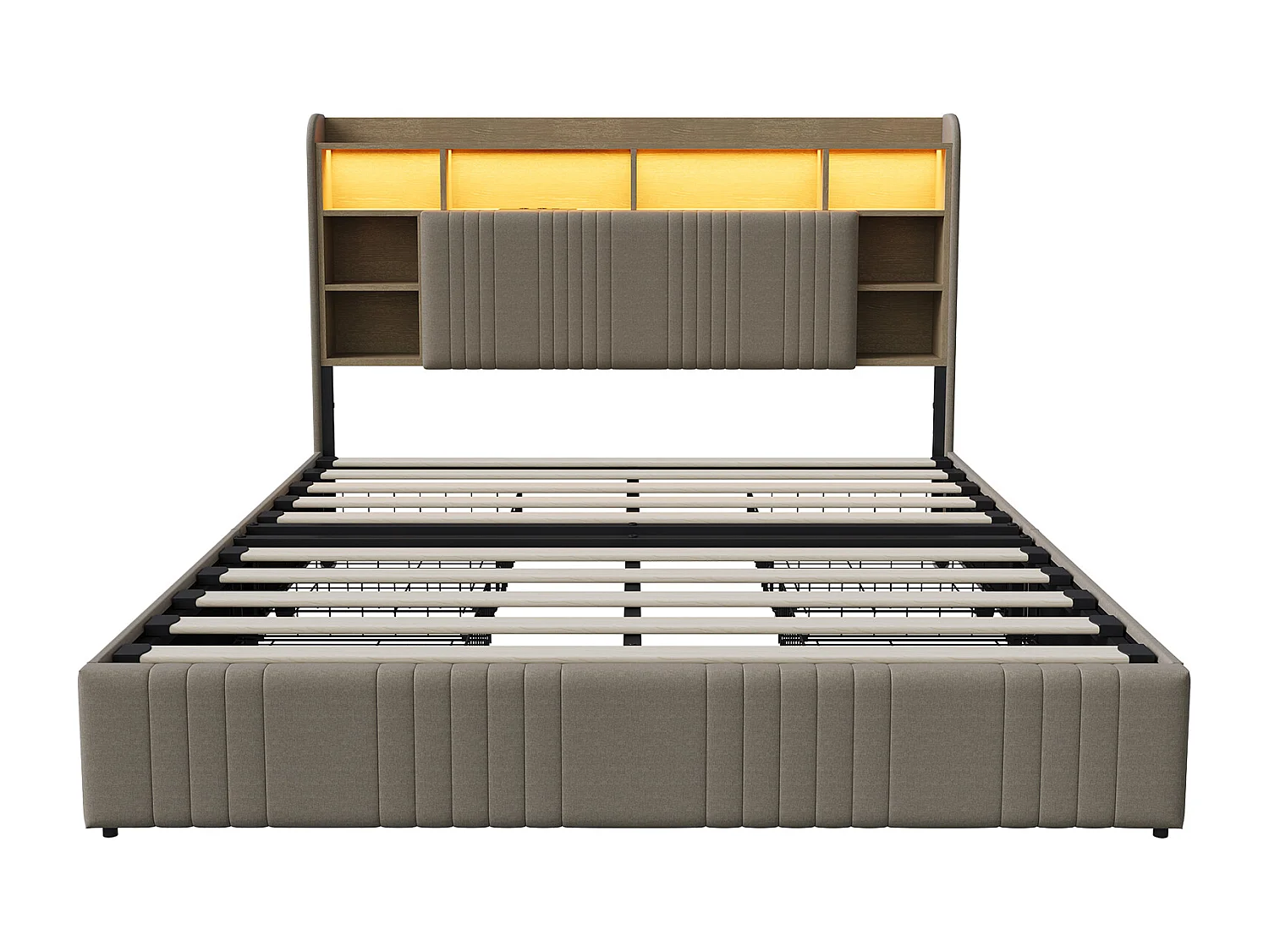 Cama tapizada de 160 x 200 cm con iluminación LED y puertos USB, cama doble con 4 cajones, cabecero con espacio de almacenamiento, lino, color beige.
