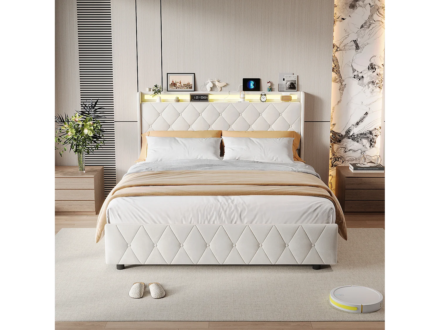 Cama tapizada de 160 x 200 cm con LED y USB-C – Cama doble con 4 cajones de almacenamiento, terciopelo, beige.