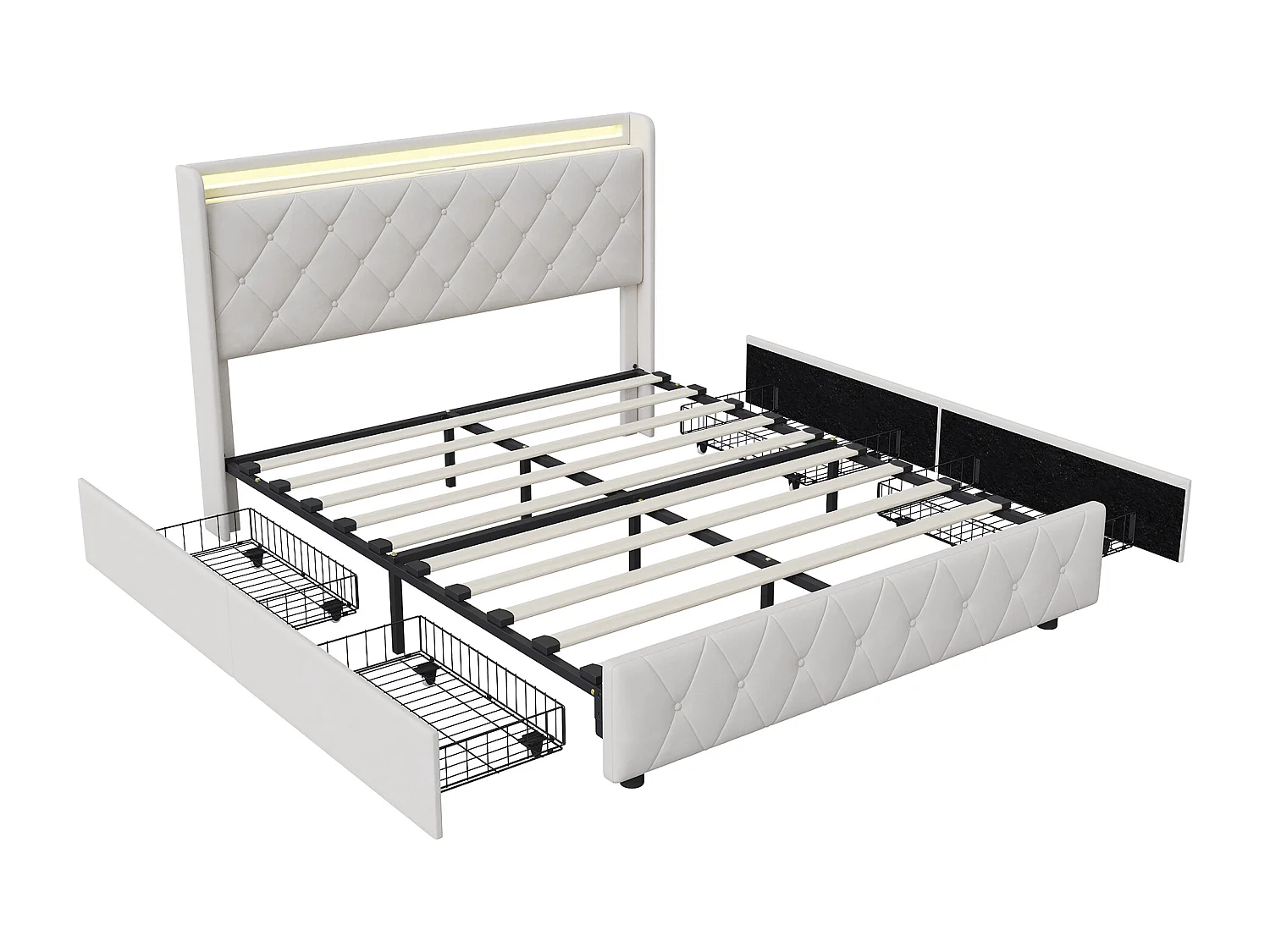 Cama tapizada de 160 x 200 cm con LED y USB-C – Cama doble con 4 cajones de almacenamiento, terciopelo, beige.
