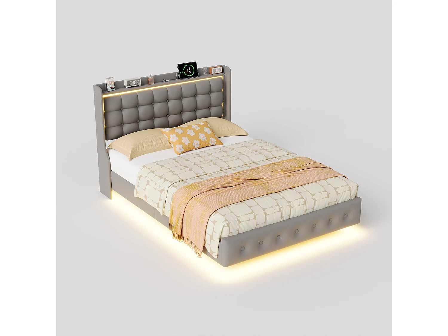 Cama doble, estructura de cama de 160 x 200 cm, estructura flotante con LED y puertos USB, cabecero acolchado, gris.