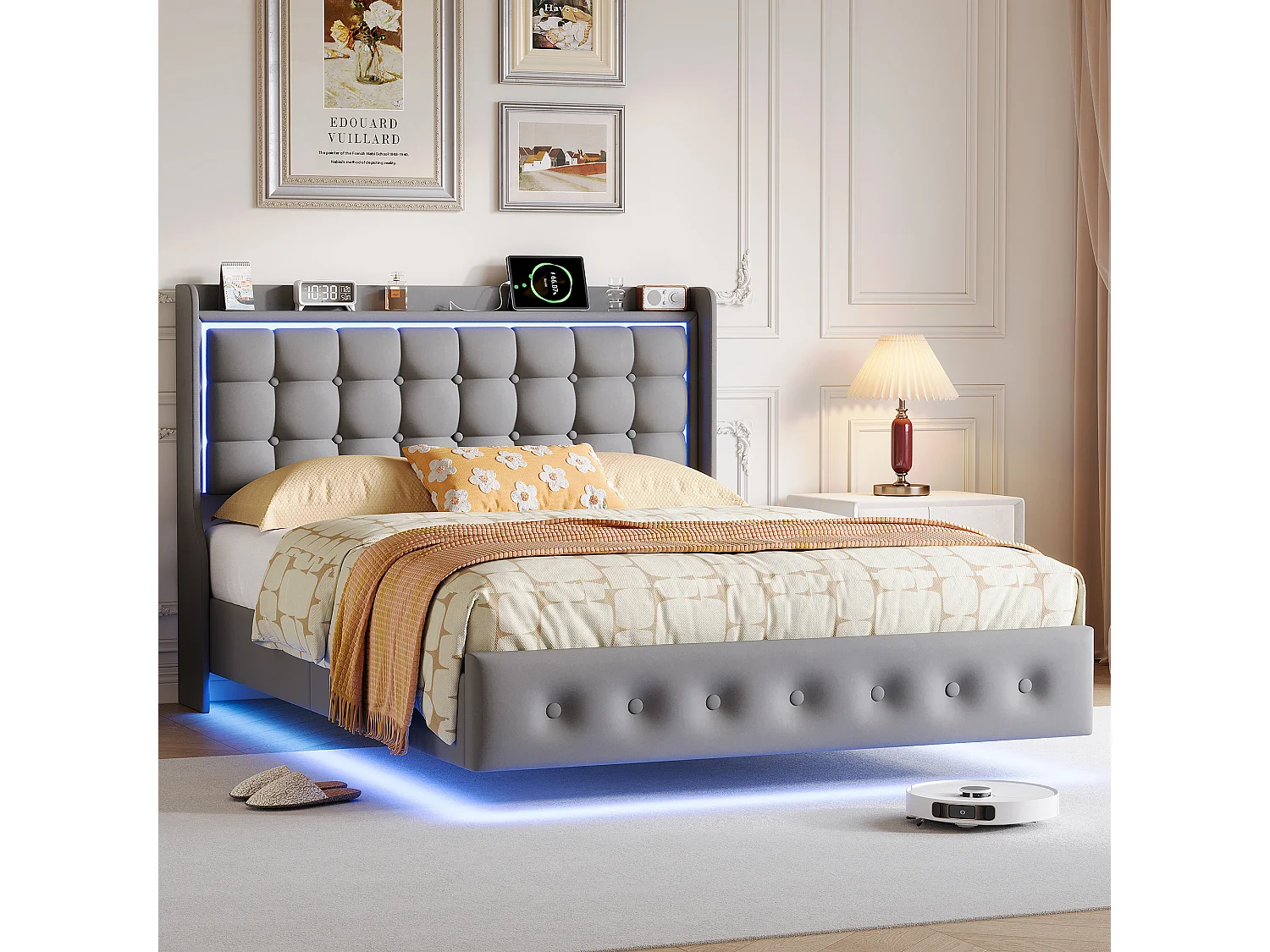 Cama doble, estructura de cama de 160 x 200 cm, estructura flotante con LED y puertos USB, cabecero acolchado, gris.