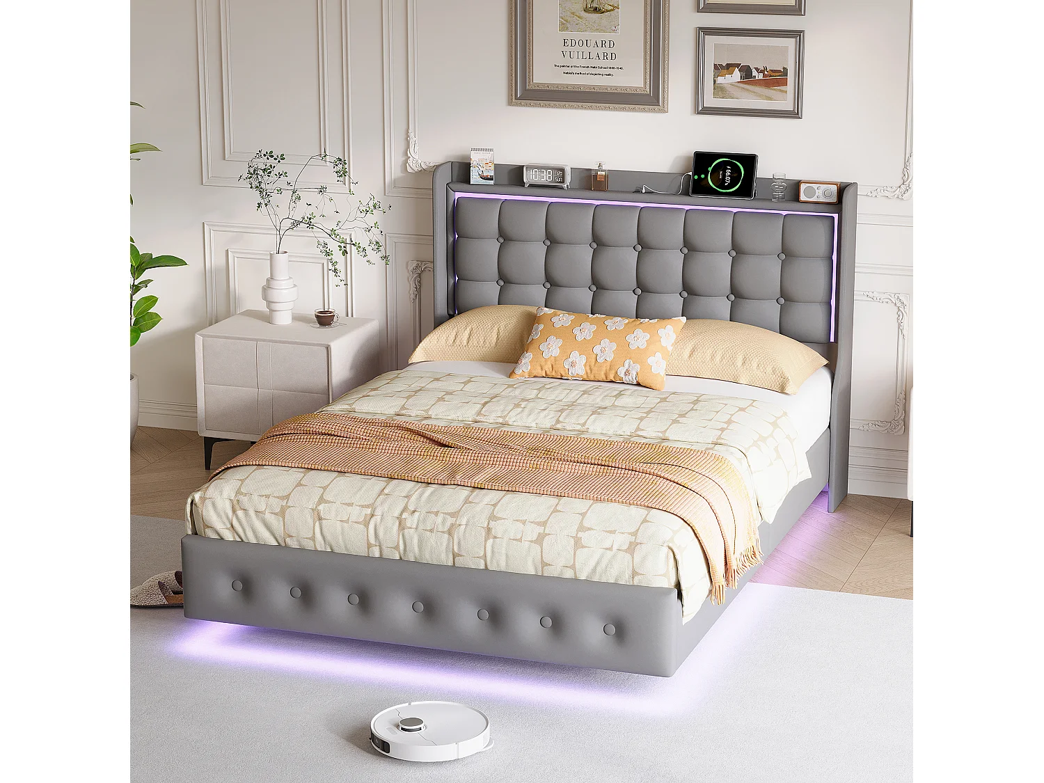 Cama doble, estructura de cama de 160 x 200 cm, estructura flotante con LED y puertos USB, cabecero acolchado, gris.