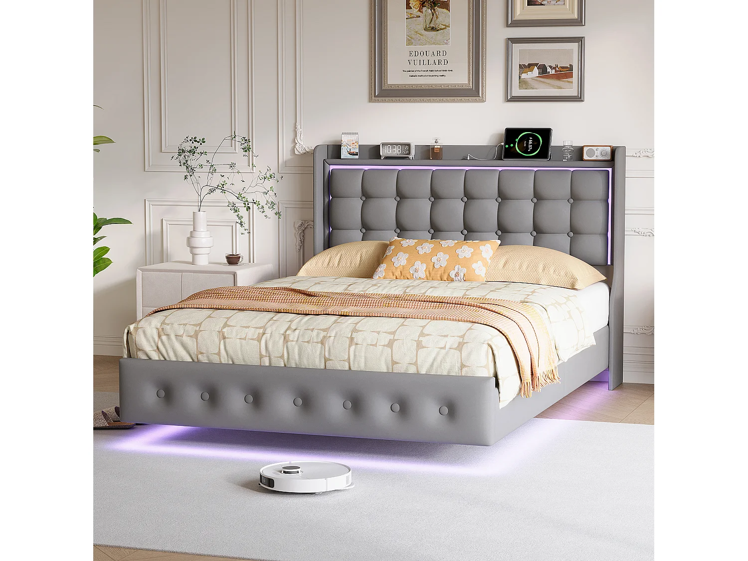 Cama doble, estructura de cama de 160 x 200 cm, estructura flotante con LED y puertos USB, cabecero acolchado, gris.