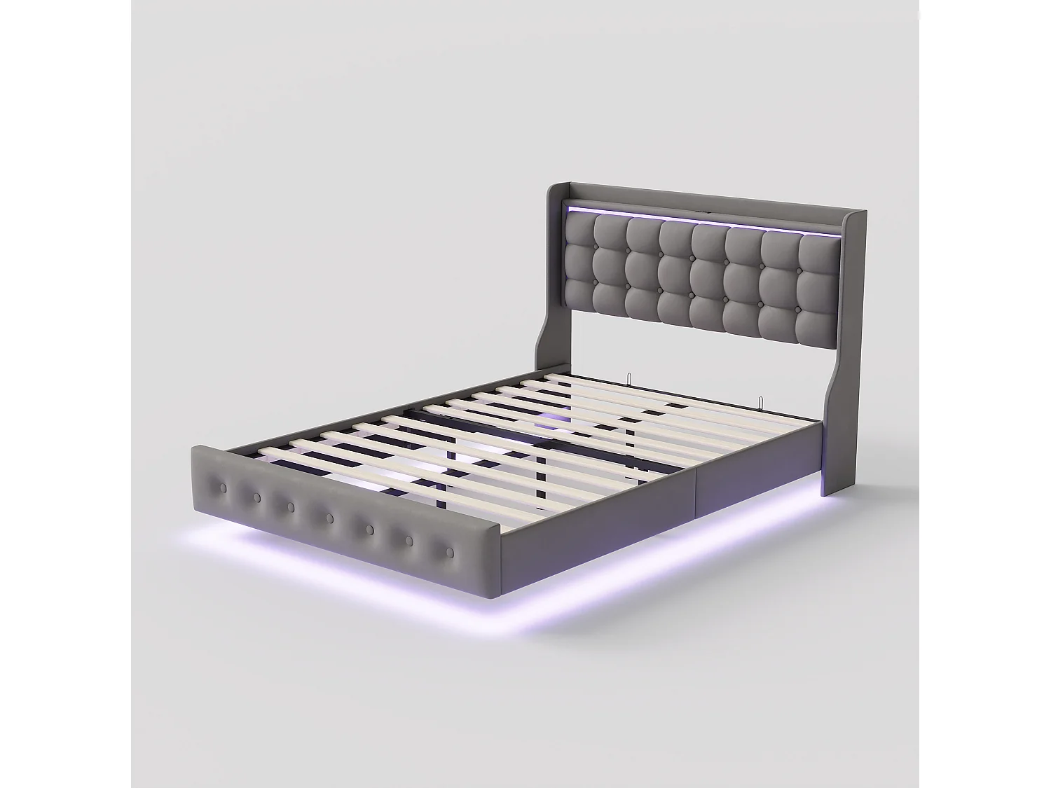 Cama doble, estructura de cama de 160 x 200 cm, estructura flotante con LED y puertos USB, cabecero acolchado, gris.