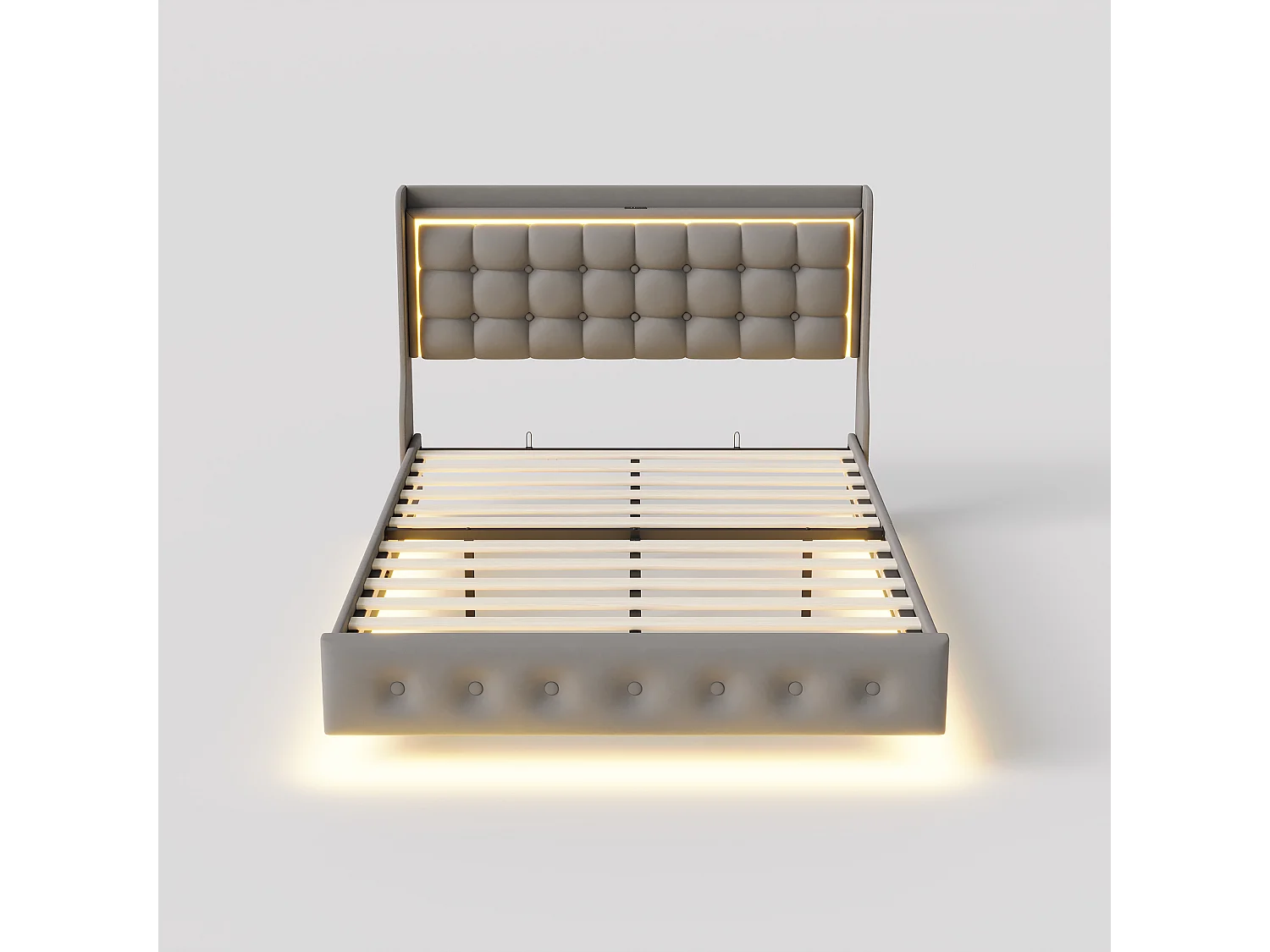 Cama doble, estructura de cama de 160 x 200 cm, estructura flotante con LED y puertos USB, cabecero acolchado, gris.