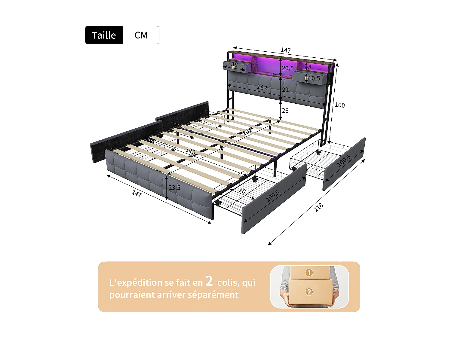 Lit Double 140 x 200 cm avec 4 Tiroirs, Lit Rembourré avec LED et Ports USB, Sommier à Lattes, Velours, Gris