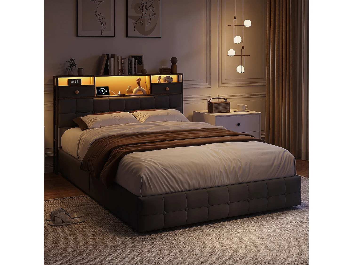 Lit Double 140 x 200 cm avec 4 Tiroirs, Lit Rembourré avec LED et Ports USB, Sommier à Lattes, Velours, Gris