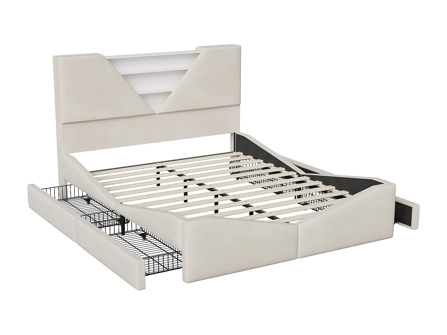 Lit Double 160 x 200 cm, Lit Coffre avec LED, 4 tiroirs et tête de Lits Triangulaire Rangement, Velours, Beige