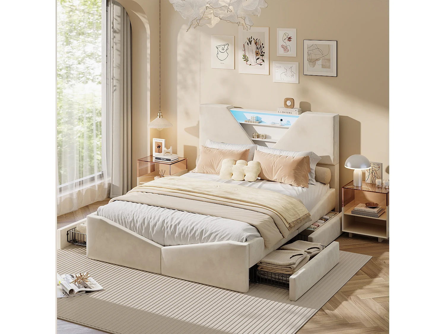Lit Double 160 x 200 cm, Lit Coffre avec LED, 4 tiroirs et tête de Lits Triangulaire Rangement, Velours, Beige