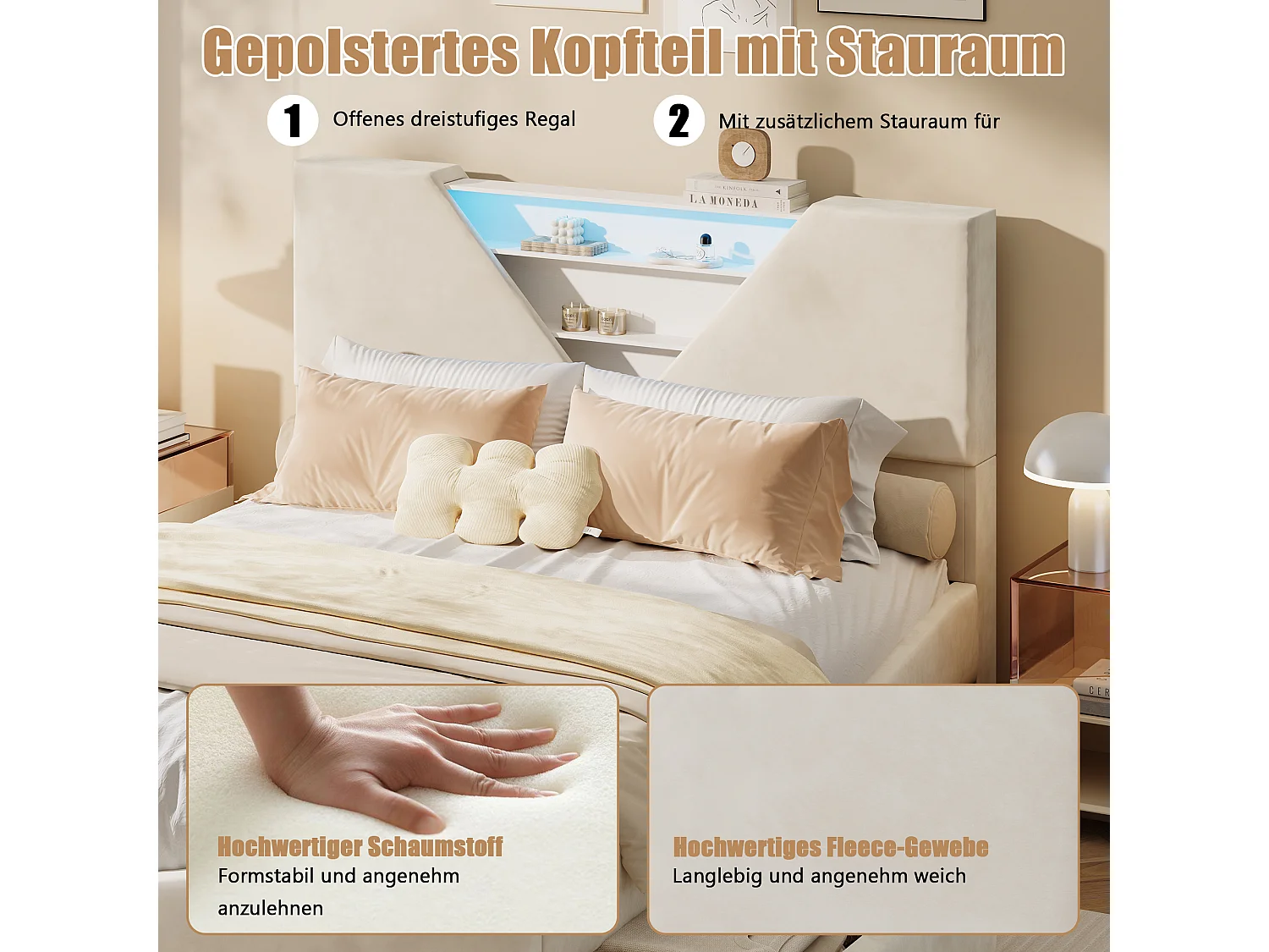 Lit Double 160 x 200 cm, Lit Coffre avec LED, 4 tiroirs et tête de Lits Triangulaire Rangement, Velours, Beige