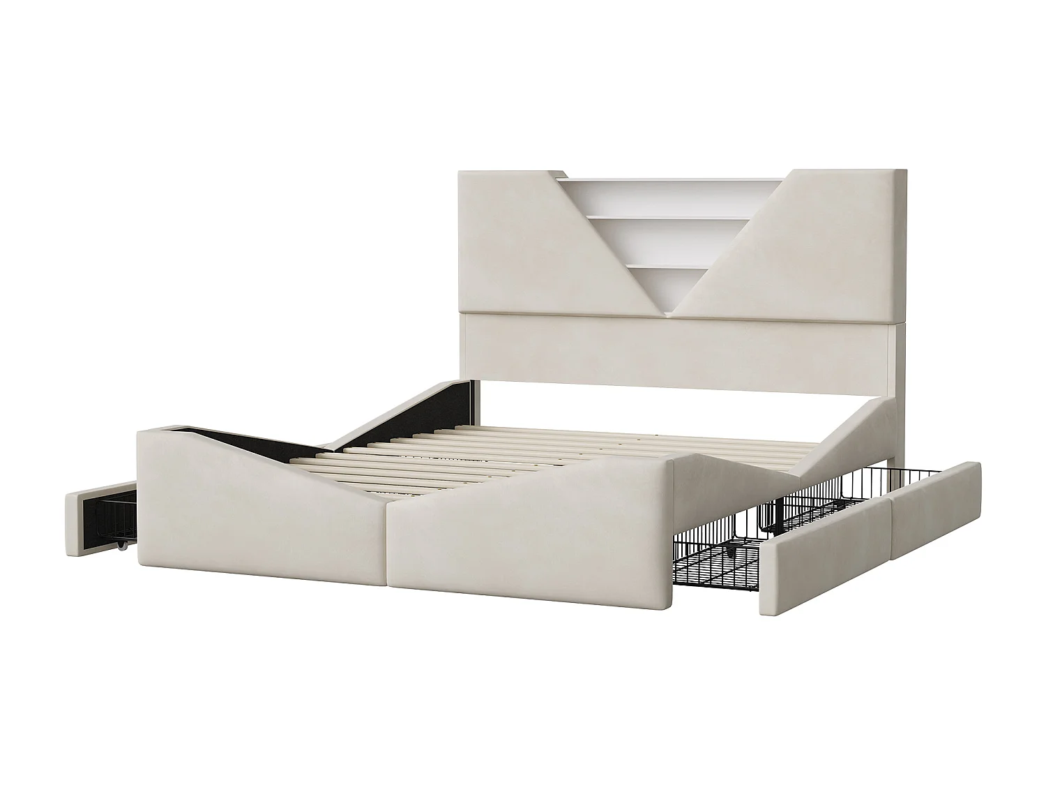 Lit Double 160 x 200 cm, Lit Coffre avec LED, 4 tiroirs et tête de Lits Triangulaire Rangement, Velours, Beige