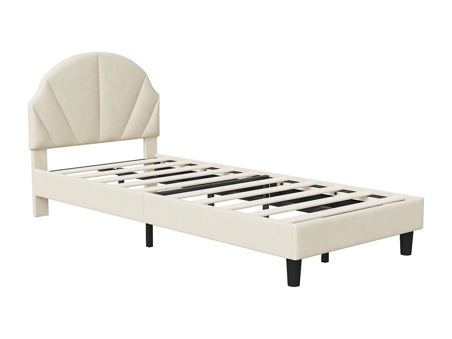 Lit fille 90 x 190 cm avec sommier à lattes, tête de lit coquillage réglable en hauteur, velours, Beige