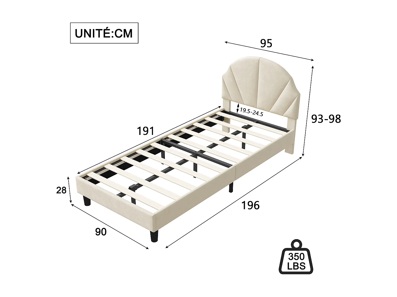 Lit fille 90 x 190 cm avec sommier à lattes, tête de lit coquillage réglable en hauteur, velours, Beige