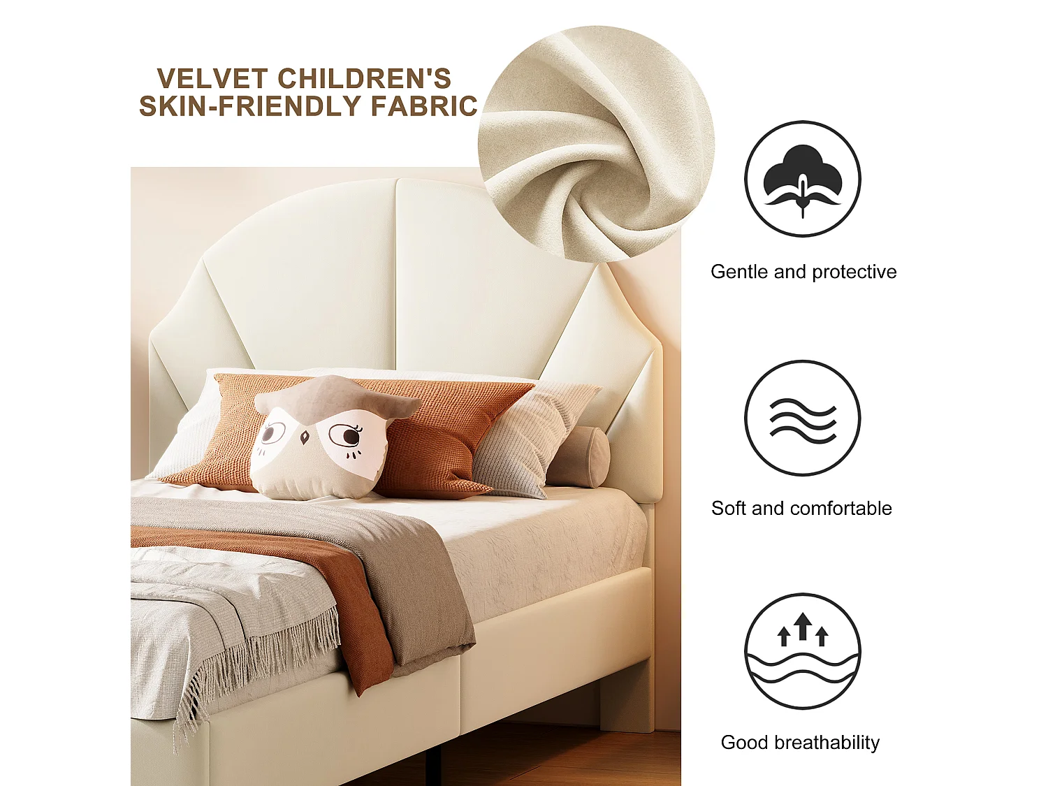 Lit fille 90 x 190 cm avec sommier à lattes, tête de lit coquillage réglable en hauteur, velours, Beige