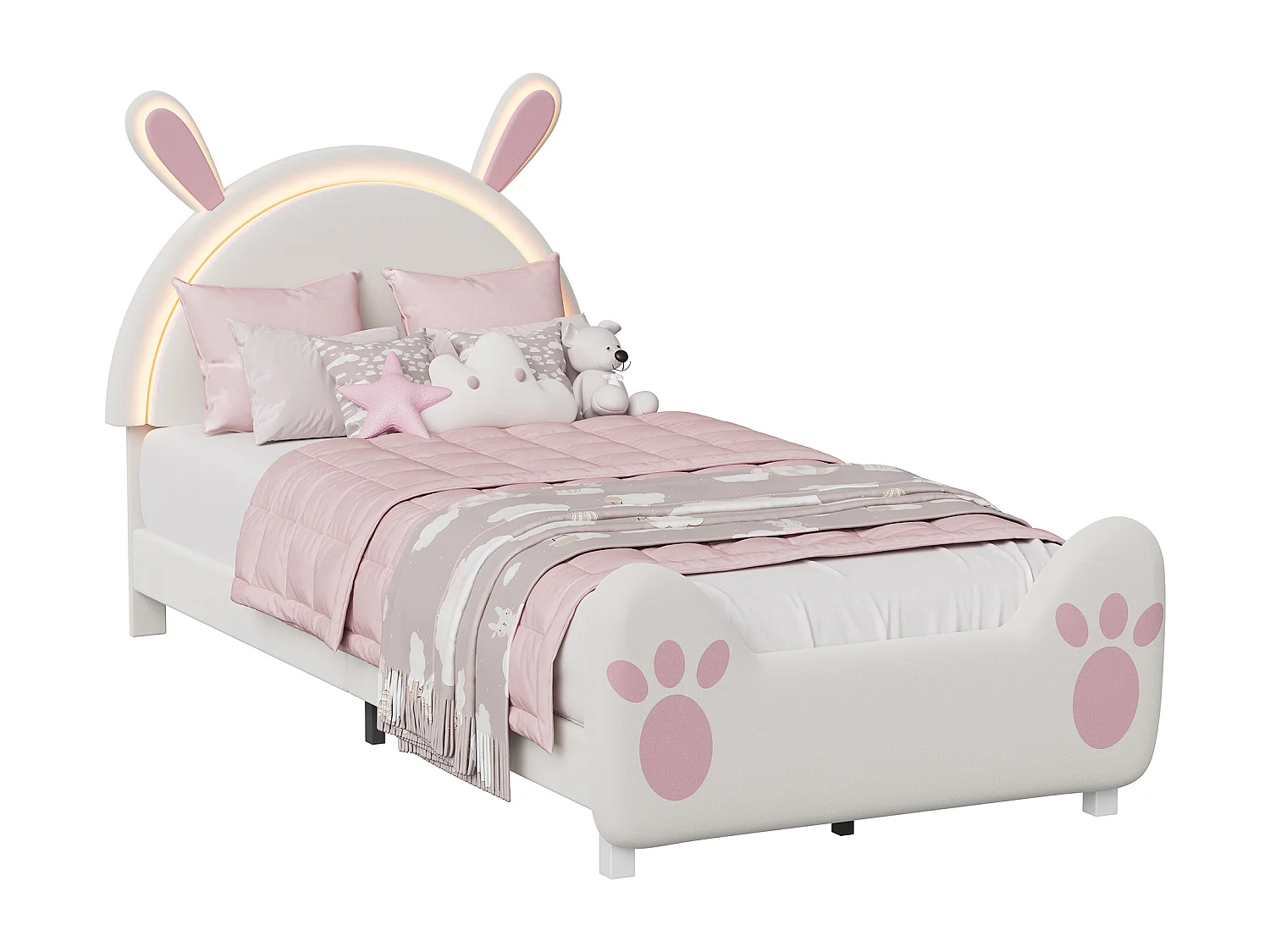 Lit enfant 90 x 200 cm LED, lit rembourré oreilles de lapin, tête de lit réglable, velours, blanc et rose