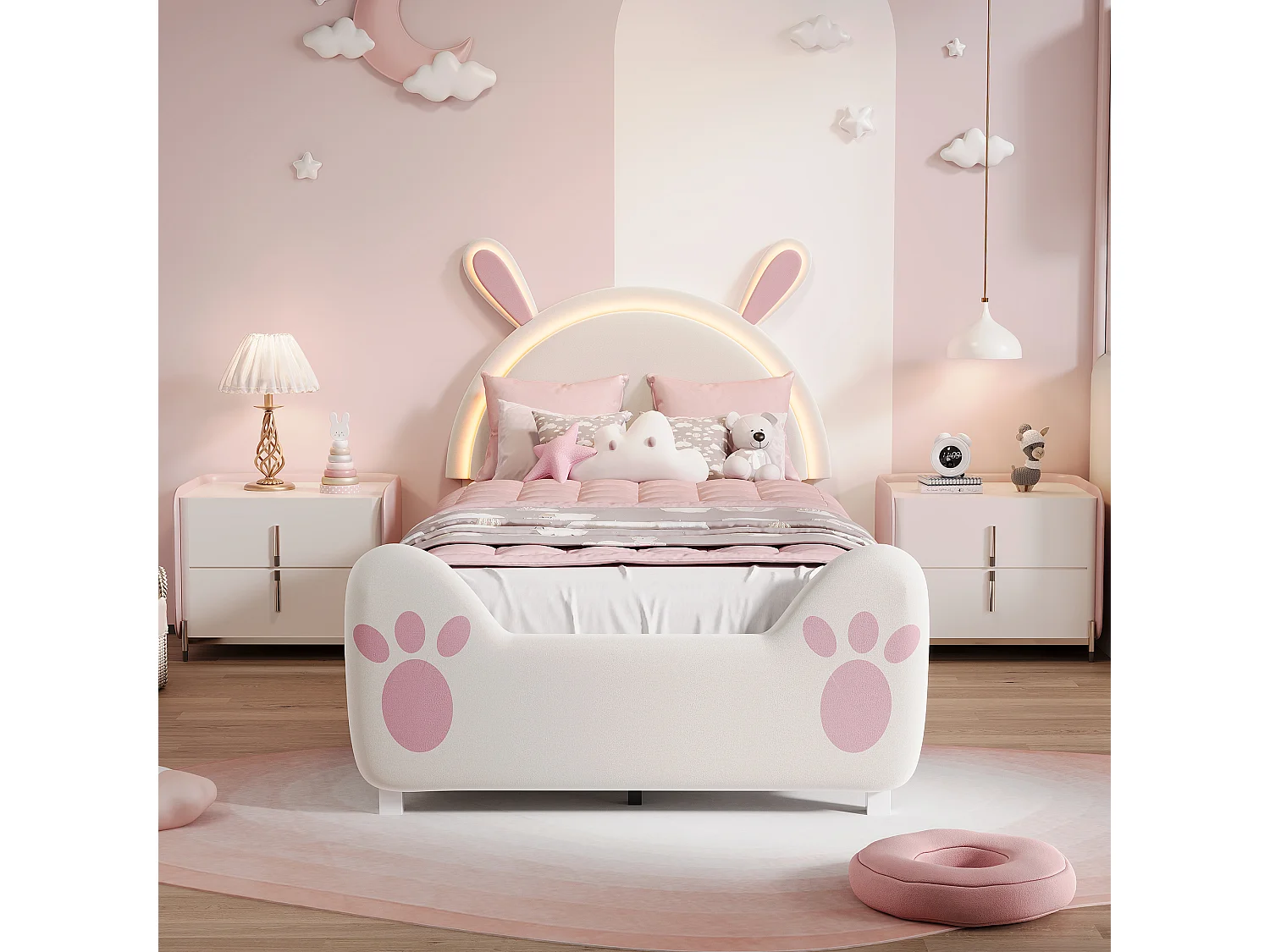 Lit enfant 90 x 200 cm LED, lit rembourré oreilles de lapin, tête de lit réglable, velours, blanc et rose