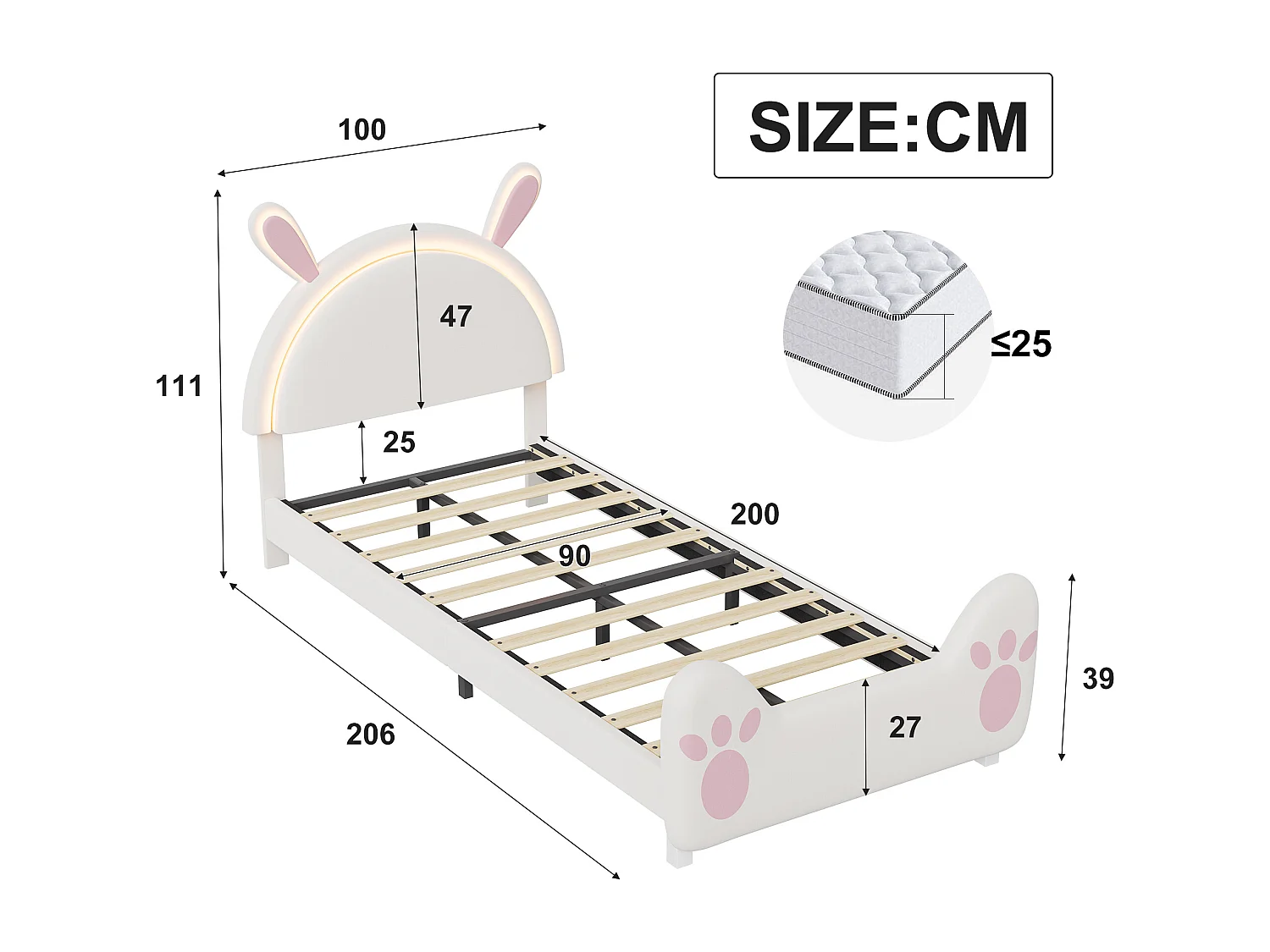 Lit enfant 90 x 200 cm LED, lit rembourré oreilles de lapin, tête de lit réglable, velours, blanc et rose