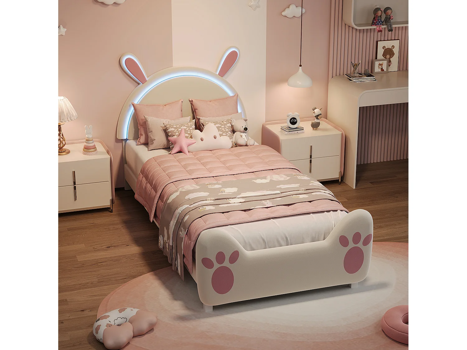 Lit enfant 90 x 200 cm LED, lit rembourré oreilles de lapin, tête de lit réglable, velours, blanc et rose