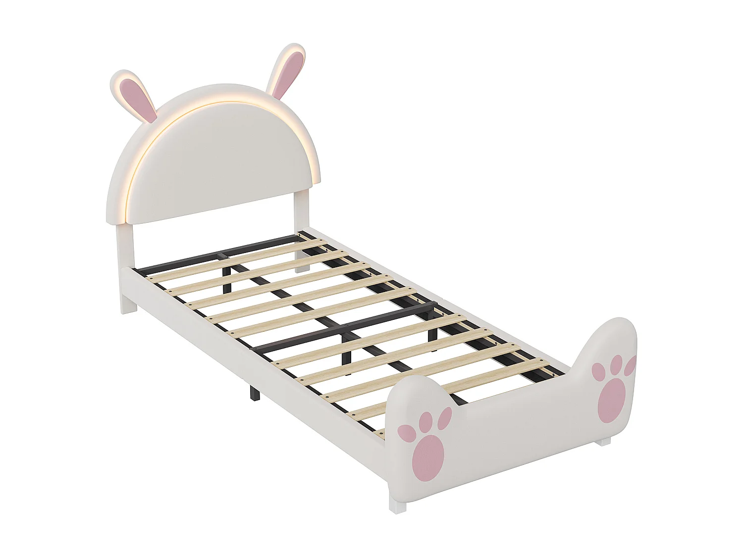 Lit enfant 90 x 200 cm LED, lit rembourré oreilles de lapin, tête de lit réglable, velours, blanc et rose