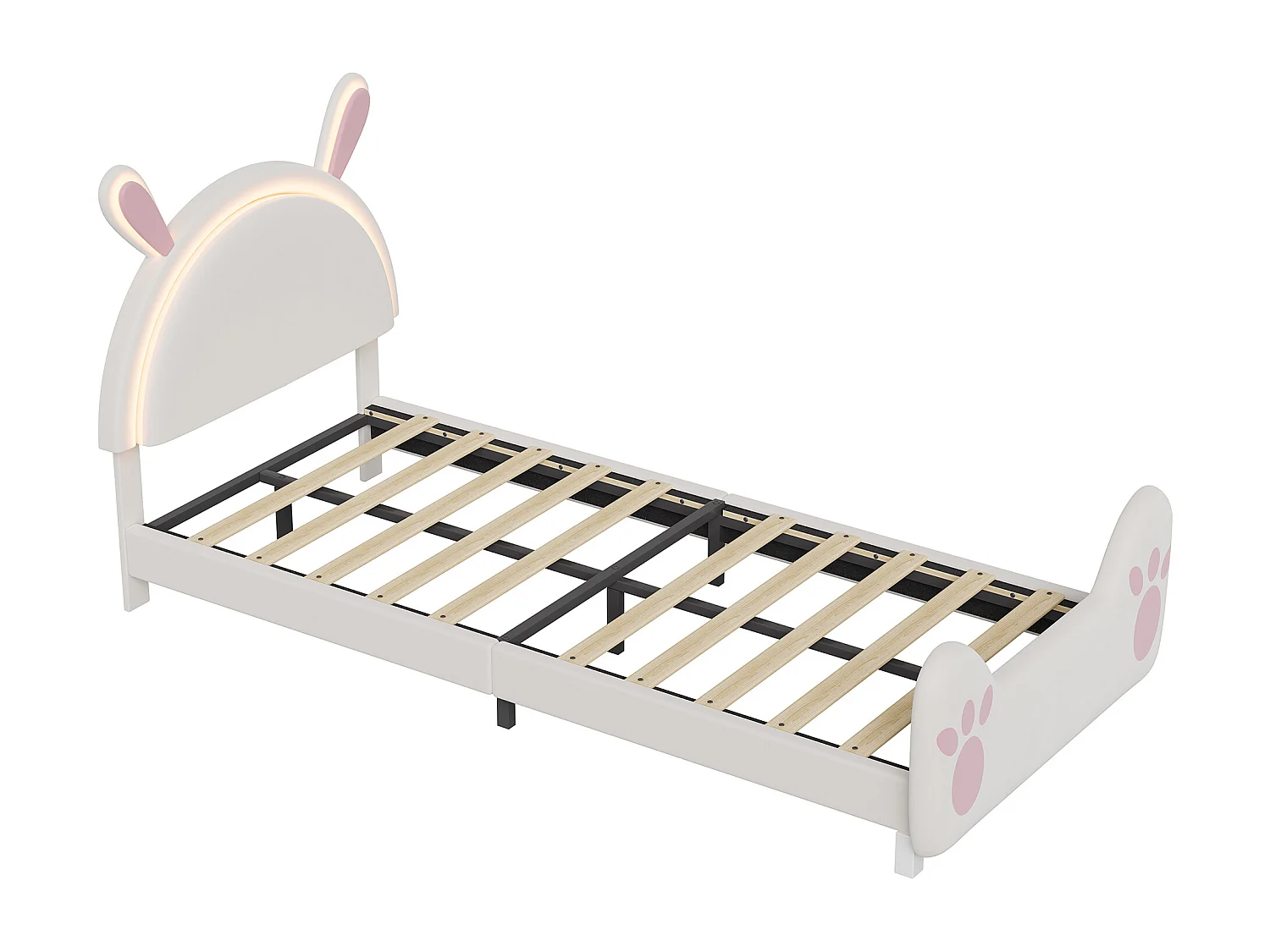 Lit enfant 90 x 200 cm LED, lit rembourré oreilles de lapin, tête de lit réglable, velours, blanc et rose