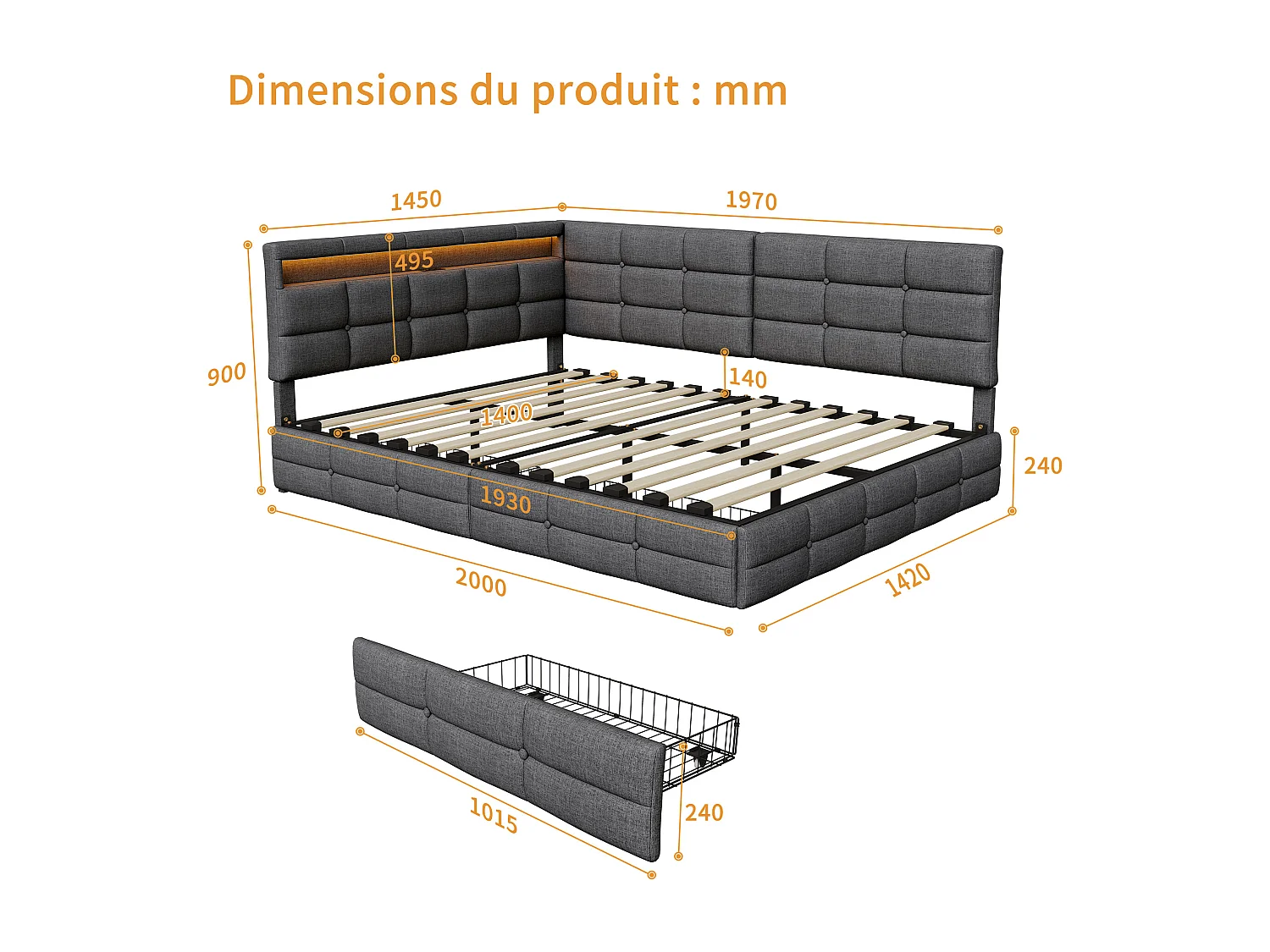 Lit 140 x 190 cm avec 2 tiroirs, Lit rembourré en L avec LED et USB, avec sommier à Lattes, Lin, Gris