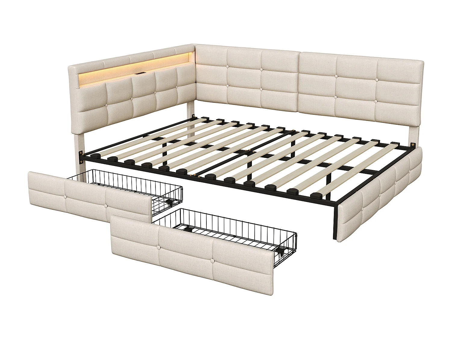 Lit 140 x 200 cm avec 2 tiroirs, Lit rembourré en L avec LED et USB, avec sommier à Lattes, Lin, Beige