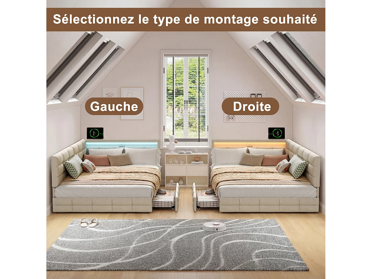 Lit 140 x 200 cm avec 2 tiroirs, Lit rembourré en L avec LED et USB, avec sommier à Lattes, Lin, Beige