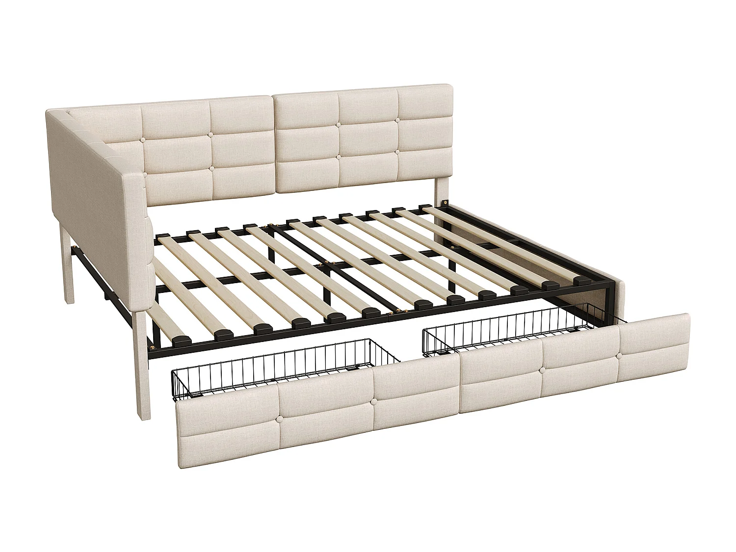 Lit 140 x 200 cm avec 2 tiroirs, Lit rembourré en L avec LED et USB, avec sommier à Lattes, Lin, Beige