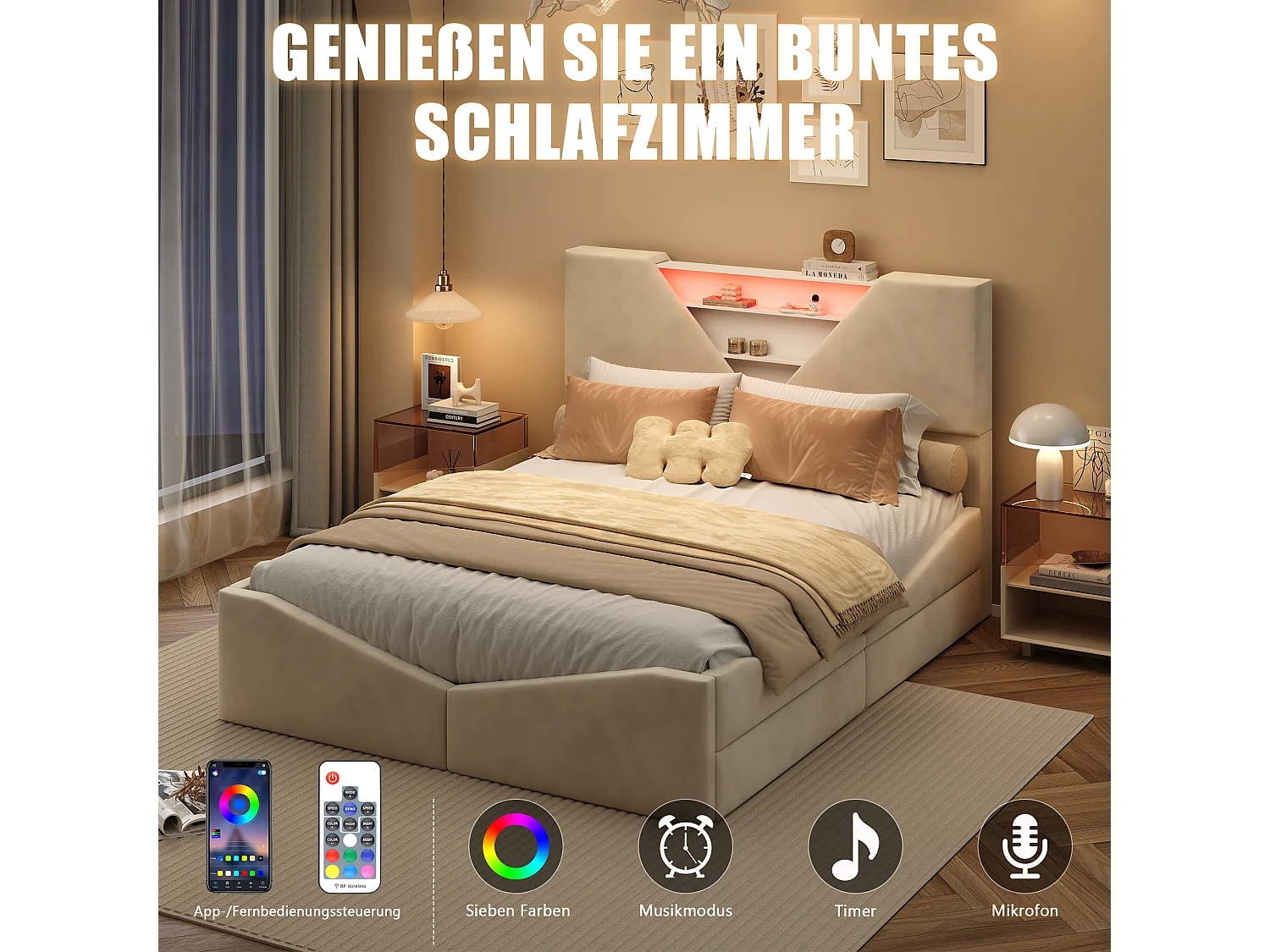 Lit Double 140 x 190 cm, Lit Coffre avec LED, 4 tiroirs et tête de Lits Triangulaire Rangement, Velours, Beige