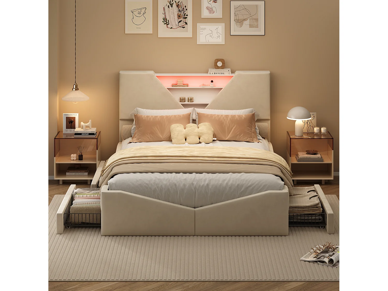 Lit Double 140 x 190 cm, Lit Coffre avec LED, 4 tiroirs et tête de Lits Triangulaire Rangement, Velours, Beige