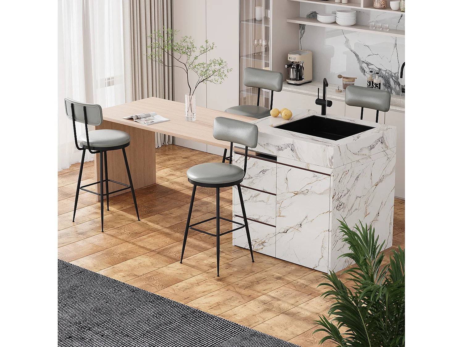 Tabouret de Bar Lot de 4, Chaise de Cuisine Rembourré PU, Hauteur Assise 65 cm, 38 x 38 x 85,5 cm, Gris