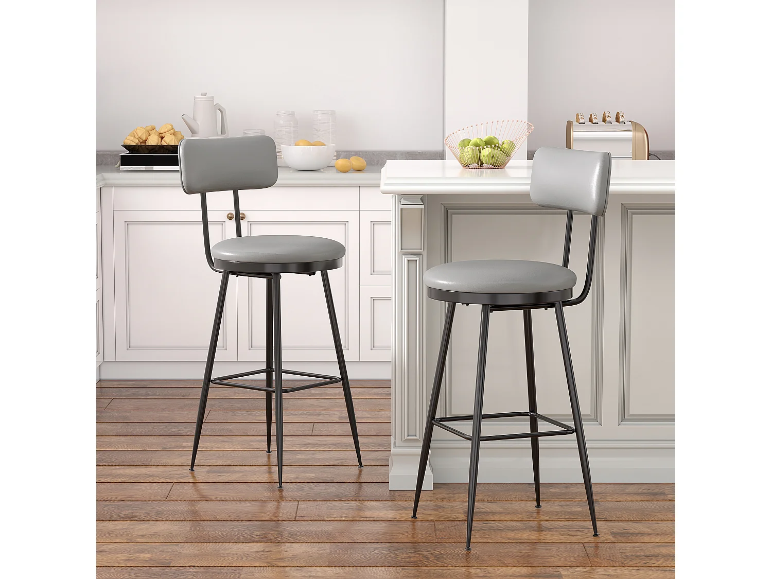 Tabouret de Bar Lot de 2, Chaise de Cuisine Rembourré PU, Hauteur Assise 65 cm, 38 x 38 x 85,5 cm, Gris