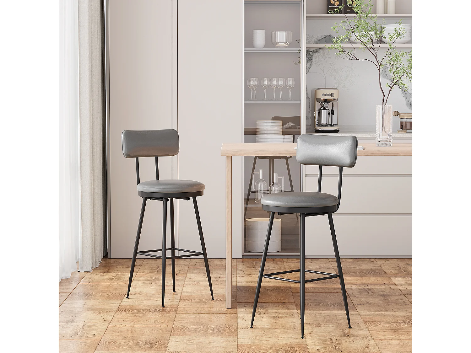 Tabouret de Bar Lot de 2, Chaise de Cuisine Rembourré PU, Hauteur Assise 65 cm, 38 x 38 x 85,5 cm, Gris