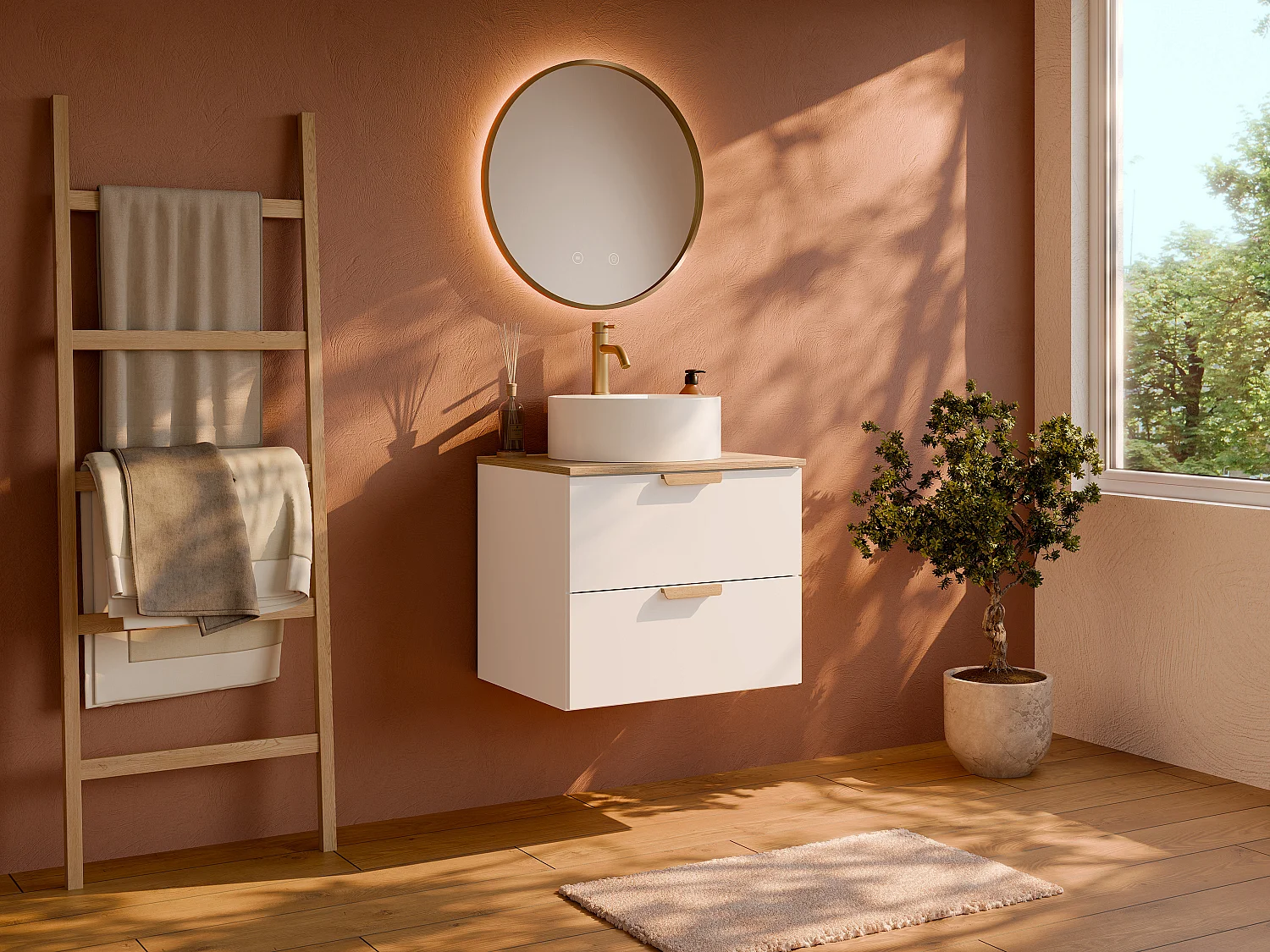 Meuble de salle de bain suspendu avec vasque à poser ronde – Blanc – L60 cm – AVORELI