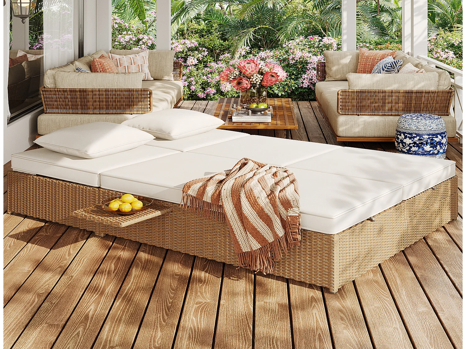 Luxus Rattan Daybed Outdoor Gartenliege Doppelbett weiß 199x120cm wetterfeste Sonnenliege mit Kissen klappbar