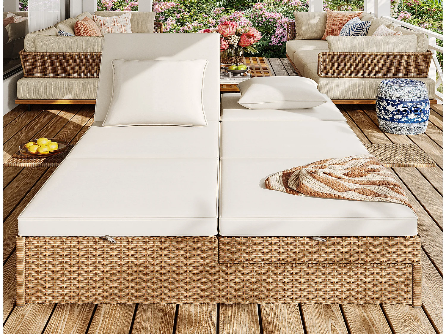 Luxus Rattan Daybed Outdoor Gartenliege Doppelbett weiß 199x120cm wetterfeste Sonnenliege mit Kissen klappbar