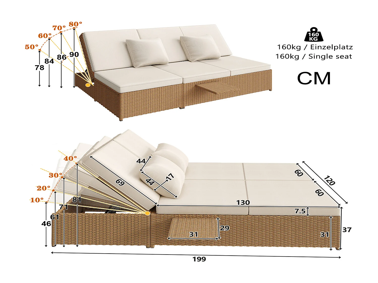 Luxus Rattan Daybed Outdoor Gartenliege Doppelbett weiß 199x120cm wetterfeste Sonnenliege mit Kissen klappbar