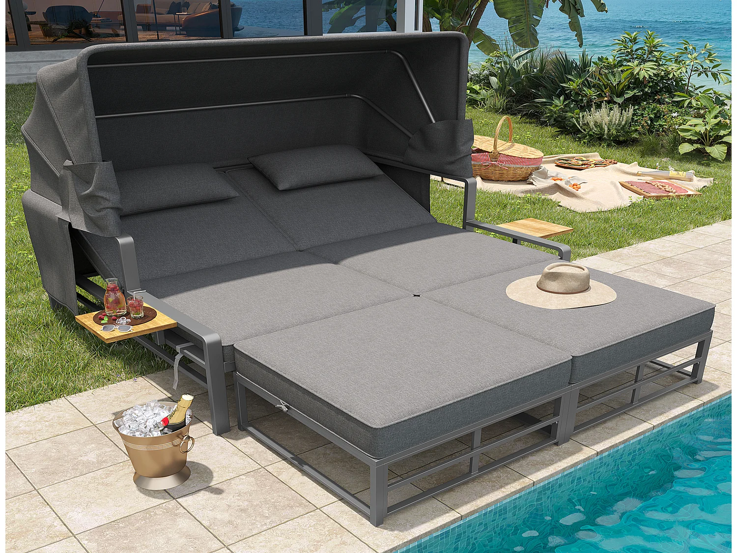 Gartenlounge Set 2-4 Personen mit Sonnendach 128x117x40 cm, Doppelliege Garten, Balkon Lounge Set