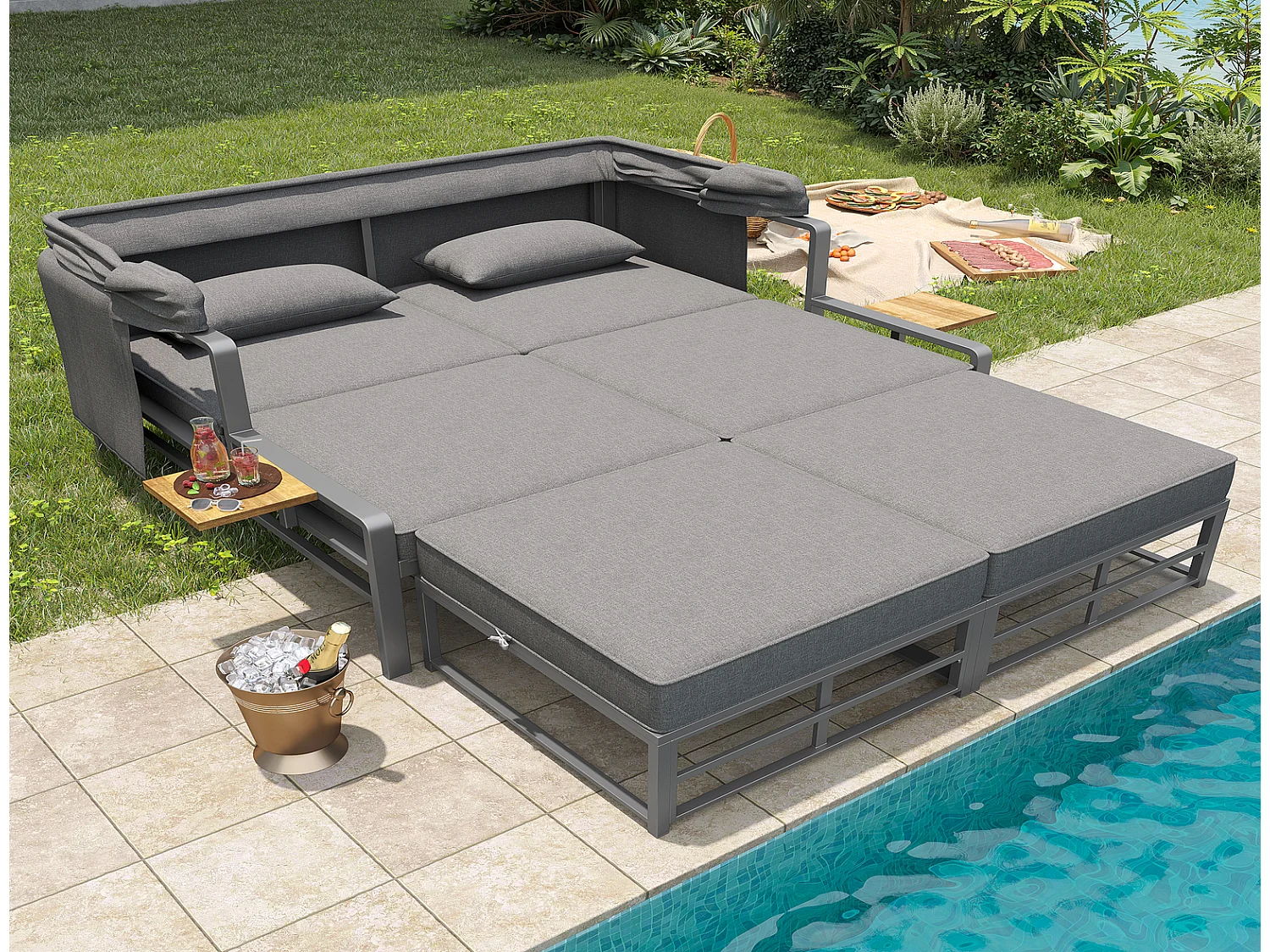 Gartenlounge Set 2-4 Personen mit Sonnendach 128x117x40 cm, Doppelliege Garten, Balkon Lounge Set