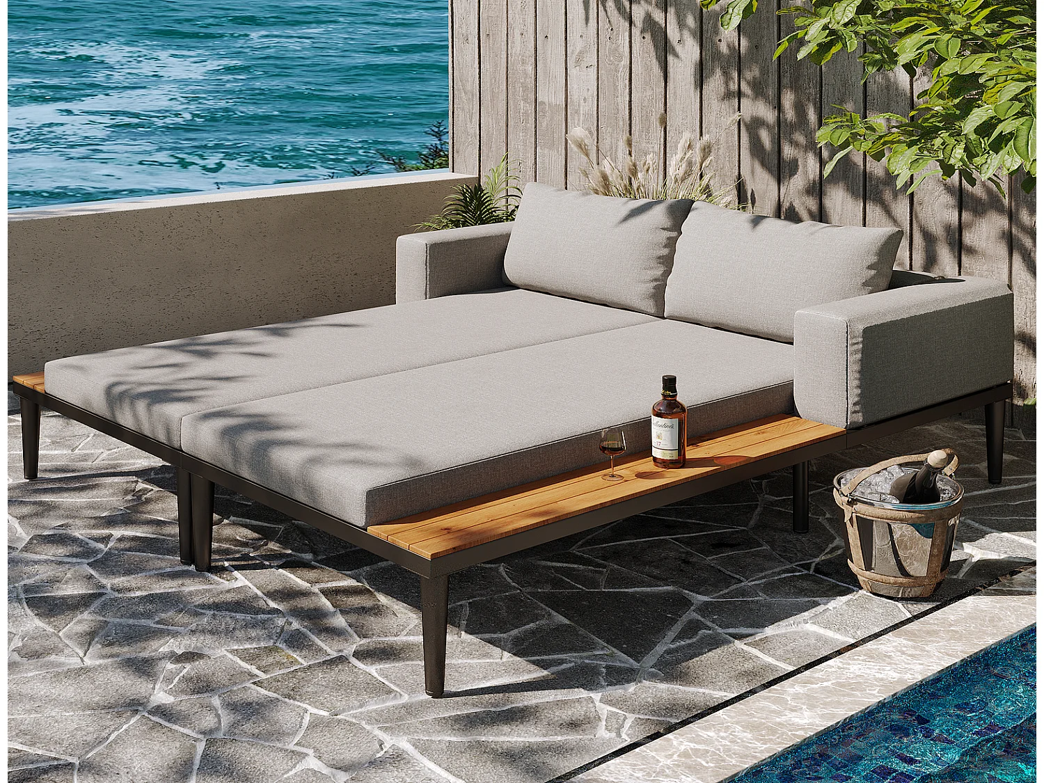 Outdoor Daybed Doppel-Liegebett Wasserdichtes Sofabett mit Holzablage Gartenliege 2 Personen 150x140x30cm