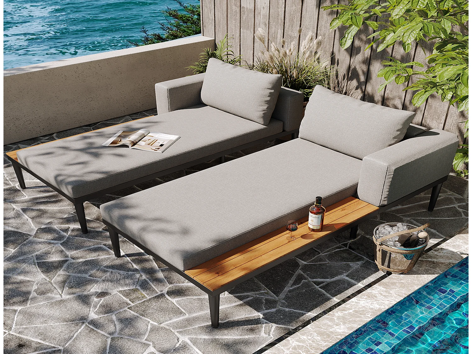 Outdoor Daybed Doppel-Liegebett Wasserdichtes Sofabett mit Holzablage Gartenliege 2 Personen 150x140x30cm