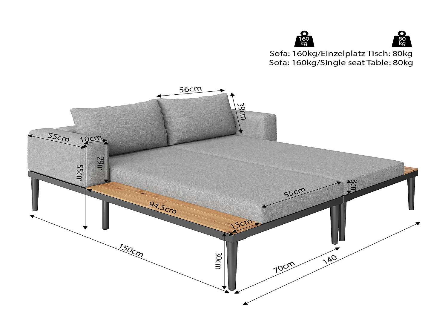 Outdoor Daybed Doppel-Liegebett Wasserdichtes Sofabett mit Holzablage Gartenliege 2 Personen 150x140x30cm