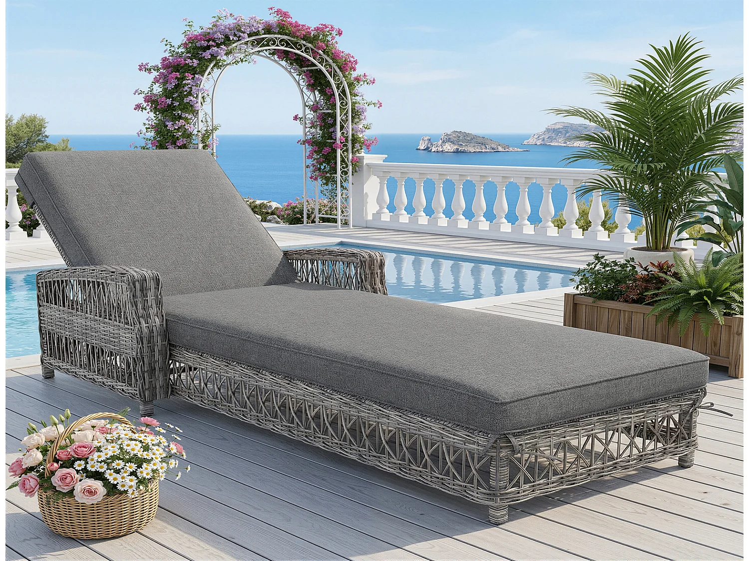 Sonnenliege Rattan Grau Gartenliege verstellbar mit Kissen Outdoor Liege wetterfest 192x57x83cm bis 180kg belastbar