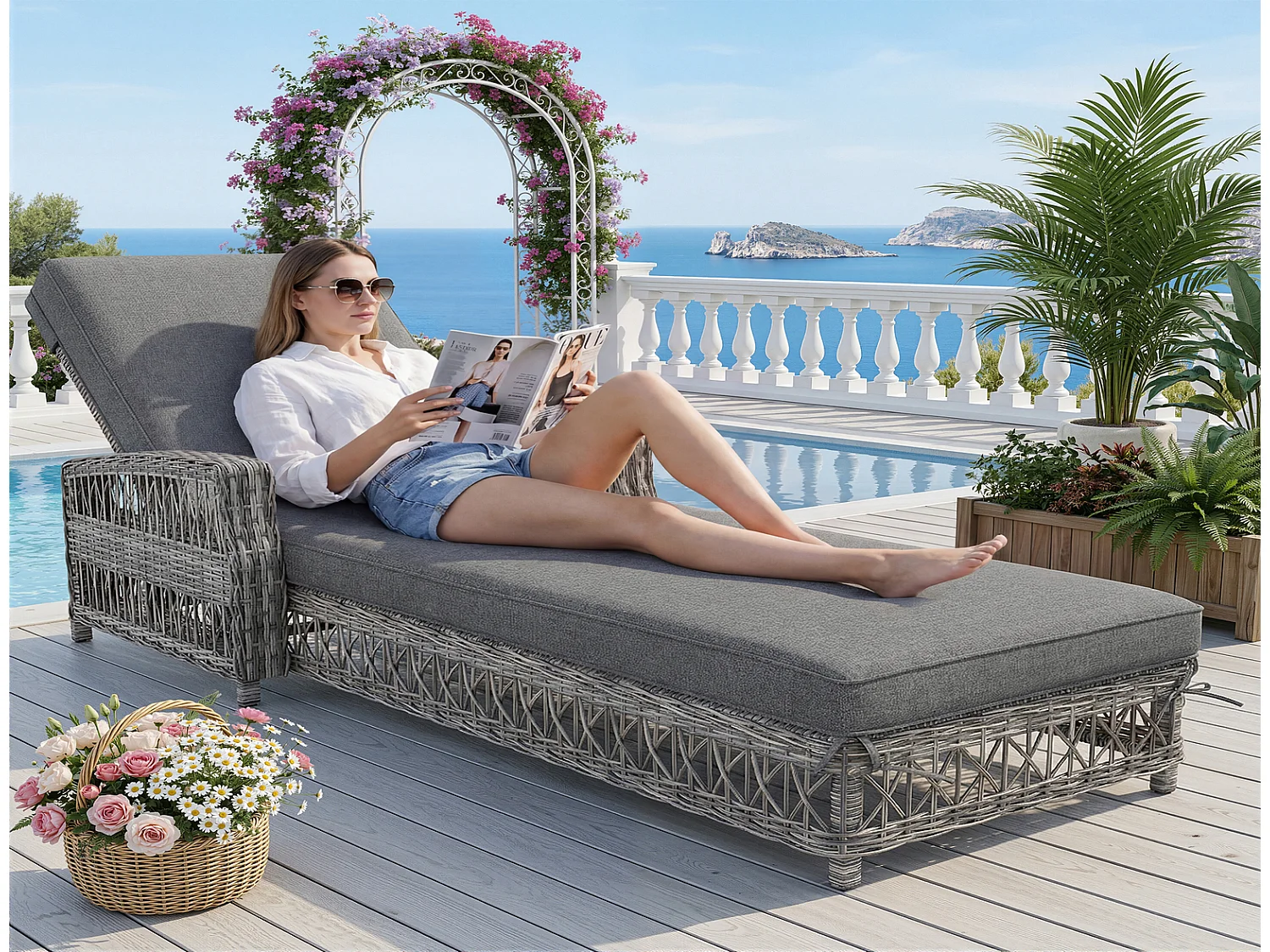 Sonnenliege Rattan Grau Gartenliege verstellbar mit Kissen Outdoor Liege wetterfest 192x57x83cm bis 180kg belastbar