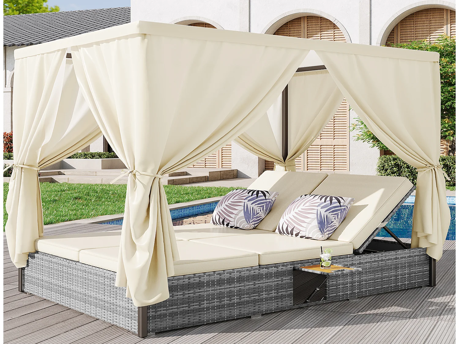 Gartenliege Doppelbett mit Schattenvorhang 187x128x186cm Outdoor Sonnenliege 2 Personen Rattanliege wetterfest Cremeweiß