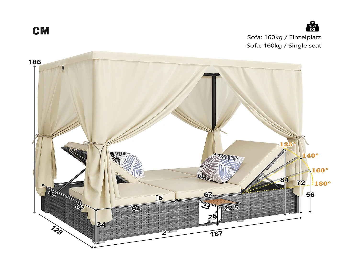 Gartenliege Doppelbett mit Schattenvorhang 187x128x186cm Outdoor Sonnenliege 2 Personen Rattanliege wetterfest Cremeweiß